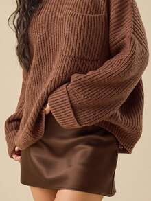 Womens Satin Mini Skirts Elastic High Waisted Skirts Silky Stain A-Line Zipper Party Club Skirt - 深棕 - 查看 2