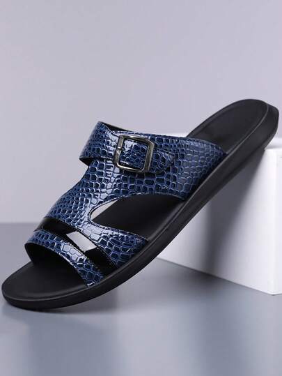 Plus Size Men's New Fashion Glossy Leather Patchwork Beach Sandals, Casual Summer Slippers