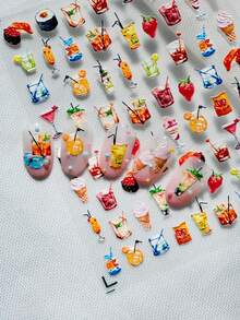 1 Sheet Fresh And Vibrant Food & Beverage Themed Nail Art Stickers, Featuring Various Drinks, Ice Cream, Strawberry, Sushi And Other Cute Food Elements, Bright And Refreshing Summer Vibe, Suitable For Personal DIY And Nail Decoration