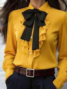 Kemeja Lengan Panjang Wanita Elegan dengan Hiasan Ruffle dan Pita, Desain Kancing Depan Warna Polos, Cocok untuk Acara Kerja dan Kasual, Blus Kasual, Atasan Elegan untuk Musim Semi - Kuning - View 4