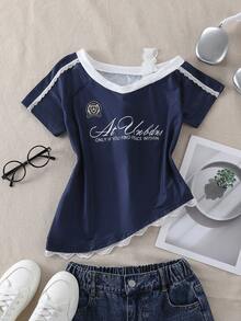 1pc Girls Sweet & Spicy Lace V-Neck Asymmetrical Hem Fitted Short Sleeve T-Shirt With Badge & Letter Print, Summer - Blue - View 1