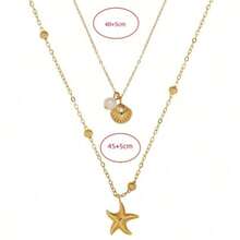 2件套沙滩风海星贝壳珍珠项链套装，波西米亚风饰品，适合度假和夏季穿搭，精致叠戴项链，沙滩配饰