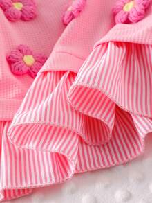 2pcs Baby Girl Soft Pink Casual Set, Striped Patchwork 3D Flower Lantern Sleeve T-Shirt Top And 3D Flower Flared Casual Pants - Pink - View 5