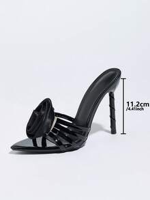 Women's High Heel Shoes, Fashionable And Elegant For Spring/Summer Parties, Outdoor Events, Banquets. Unique Threaded Pointed Toe Design, Shiny Metallic Finish, Floral Rose Decor, Soft Mirror-Like Material, Sexy Slip-On Mule Style, Comfortable And Stable High Heel, Suitable For Casual, Home, Outdoor, Travel, Party, Dance - Black - View 4