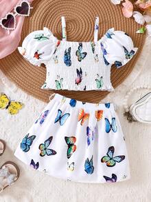 Young Girls' Colorful Butterfly Print Petal Sleeve Crop Top And Pleated Skirt 2-Piece Casual Outfit, Spring/Summer - White - View 2