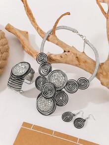 一套手工制作的夸张多层铝丝编织树脂链波西米亚欧洲中东风格项链、耳环、手链，饰以人造水晶和珍珠，适合晚宴、度假等场合佩戴。 - 銀色的 - 查看 7