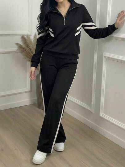 Women's Casual Set, Elegant Sports Outfit With Collar Zipper Loose Striped Contrast Color Top And Wide Leg Pants, Suitable For Spring, Autumn And Winter Black