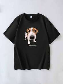德鲁可爱小狗印花宽松短袖T恤 女士休闲情侣上衣 - 黑色 - 查看 2