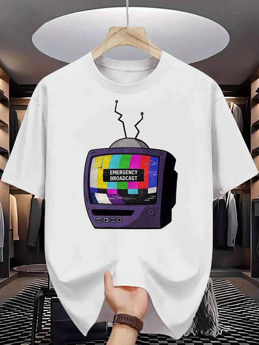 Camiseta Casual de Manga Corta para Hombre - Impresión de Tiburón y Gato de Dibujos Animados, Tela Transpirable, Ropa de Calle Cómoda para el Verano, Cuello Redondo, Ajuste Regular, Camiseta de Uso Diario| Camiseta gráfica divertida| Ajuste cómodo - Blanco - Ver 1