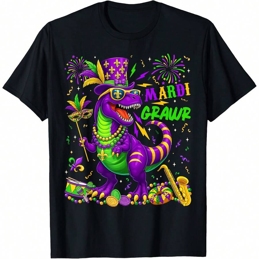 Mardi Grawr T-Rex Dino Mardi Gras Dinosaur Beads Men   T-Shirt - Black - View 1