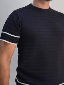 Basic Two-Tone Knit Shirt, Short Sleeve, Ribbed, Stylish Summer T-Shirt, Men's Blouse - Black and White - View 5