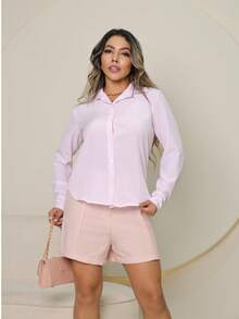 Polyester Button-Down Shirt, Everyday Wear, Spring/Summer/Winter - raya rosa bebé - Ver 3