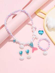 5pcs Girls Mermaid Princess Jewelry Set, Includes Necklace, Bracelet, Earrings, Ring, Suitable For Girls Party Favors/Birthday Gifts/Holiday Gifts - Multicolor - View 6