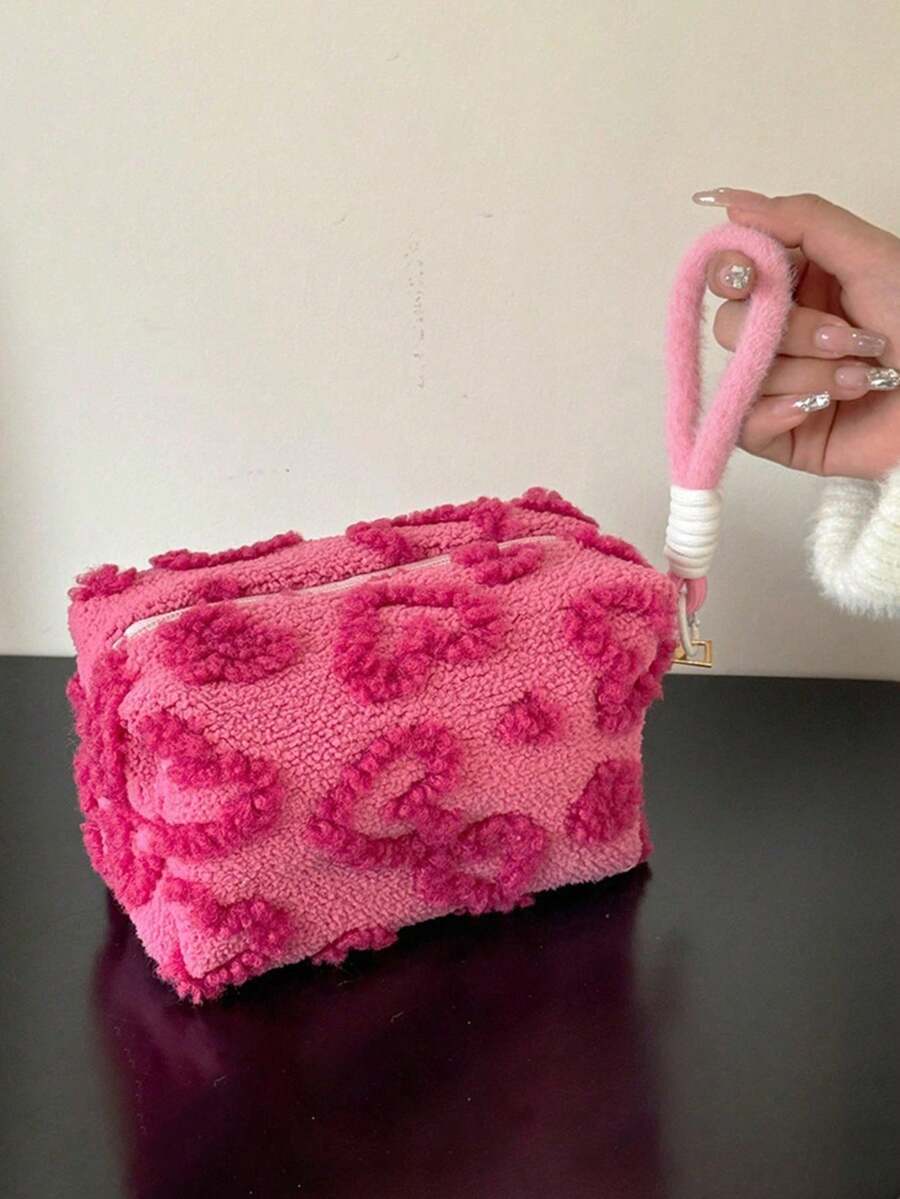 1pc Fluffy Heart-Shaped Cosmetic Bag - Zippered Closure, Fashionable Makeup Organizer, Fits Cosmetics, Makeup Brushes,Portable Makeup Organizer Pouches, Makeup Travel Bag - Multicolor - View 1