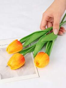 3pcs Artificial Tulip Flowers Decor, Home Decoration Accessories, Living Room & Bedroom Ornaments - Sunset Glow - View 2