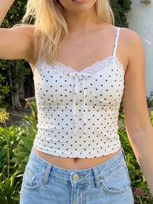Women Y2k Camisole Tops Polka Dot Print Lace Trim Tie-Up Front Casual Cami Tops Spaghetti Strap Tank Tops Summer Fashion Sleeveless Slim Fitted Shirt Going Out Tops Club Streetwear Fairy Aesthetic Clothes - 白色 - 查看 4