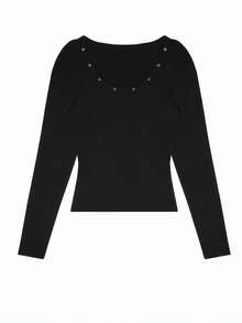 Áo len cổ tròn dệt kim đính đinh tán, áo dài tay ôm dáng đa năng dành cho nữ, màu đen, thích hợp mặc mùa xuân. - màu đen - Xem 3