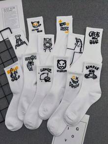 1/5/10双装随机涂鸦字母图案机器人滑板街头风篮球袜，中筒高腰男女通用运动袜，四季皆宜 - 白色 - 查看 12