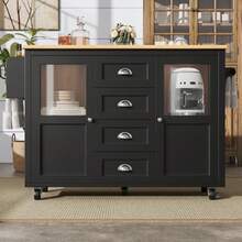 Kitchen Island Unit, Kitchen Cabinet, Sideboard, 120x73 (45) X 93cm, Sliding Kitchen Trolley With Wheels, Towel Rack, Spice Rack, Adjustable Shelf, Two Doors, Four Drawers, Black And White - Black - View 6