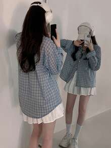 女士宽松休闲百搭长袖格子 Polo 衫 - 藍色 - 查看 8