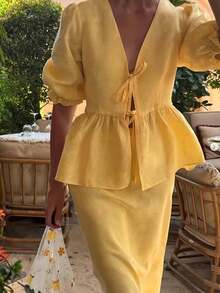 女士优雅时尚新款热销成人半身裙纯色泡泡袖圆领系带上衣和休闲长裙两件套夏季 - 黃色 - 查看 4