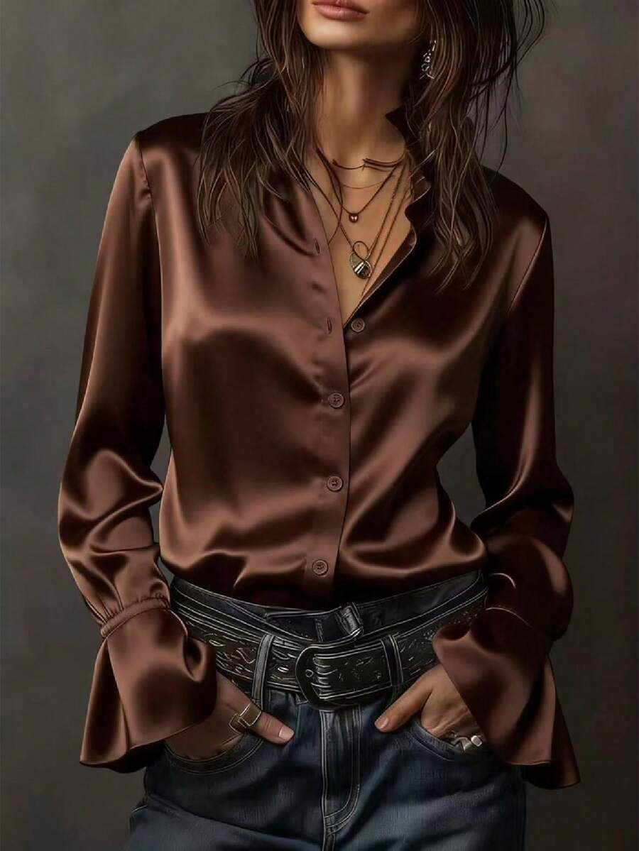 Blusa de mujer casual, suelta y elegante, de cuello alto, manga larga, versátil para uso diario y para ir al trabajo, con mangas acampanadas, abotonada, para primavera - Café integral - Ver 1