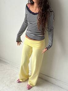 Women Wide Leg Pants Solid Color Fold Over Waist Casual Trousers Spring Fall Loose Sweatpants Bottoms - Màu vàng - Xem 3