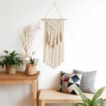 1件套手工编织壁挂，创意装饰花卉挂毯，波西米亚风流苏叶子墙饰，纤维艺术品，适用于客厅卧室背景墙 - 如圖 - 查看 2