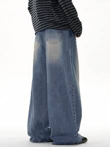 1pc Justice Brother Vintage Washed Loose Fit Wide Leg Plus Size Men Casual Jeans Pants (Belt And Accessories Not Included) - Blue - View 5