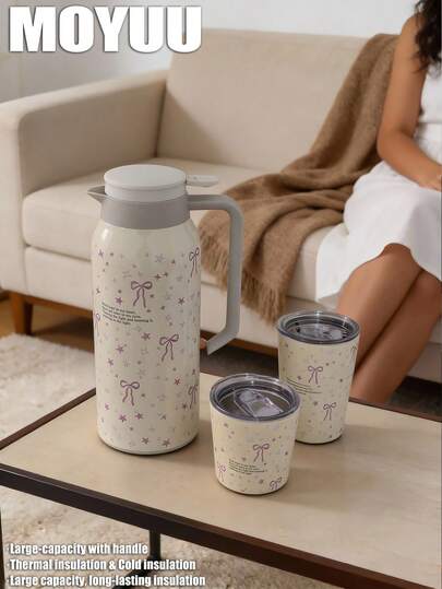 1pc 1500ml Stainless Steel Vacuum Insulated Water Bottle, Coffee Pot, Tea Pot With Bow & Star Design, 304 Stainless Steel, Suitable For Office, Home, Outdoor, Restaurant, Holiday & Birthday Gift, Ramadan