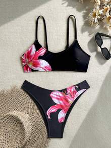 印花露背波西米亚风沙滩比基尼套装 - 黑色 - 查看 1