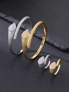 一套两件时尚镶嵌蛇纹蛇身开口戒指和手链套装，适合女性日常佩戴，也适合节日、派对、圣诞节、斋月、礼品交换等场合。 - 鋯鑲靈蛇 - 查看 4