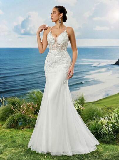 Elasola Spaghetti Strap Gorgeous Beaded Wedding Dress, Hip-Wrapped Mesh Elegant Brida Gown