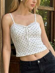 Women Y2k Camisole Tops Polka Dot Print Lace Trim Tie-Up Front Casual Cami Tops Spaghetti Strap Tank Tops Summer Fashion Sleeveless Slim Fitted Shirt Going Out Tops Club Streetwear Fairy Aesthetic Clothes - 白色 - 查看 8