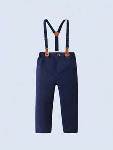 3pcs Young Boys Gentleman Outfit - White Long Sleeve Shirt With Bow Tie, Suspender Pants, And Navy Blue Suit Jacket, Fashionable & Outfit For Birthday Party, Wedding, Ring Bearer, Formal Occasions - Navy Blue - View 9
