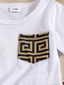 Infant Boys' Fashionable Casual Knit Crew Neck Short Sleeve Geometric Pattern Pocket T-Shirt And Woven Elastic Waist Geometric Pattern Shorts Set, Summer - White - View 4