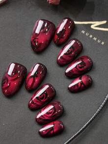 10片装亚克力美甲贴片，杏仁形、黑色、玫瑰粉色、猫眼形，短款亚克力美甲套装，美甲艺术，办公室日常佩戴假指甲，人造指甲套装，包含1张粘合贴片和1个迷你指甲锉。 - 彩色 - 查看 2