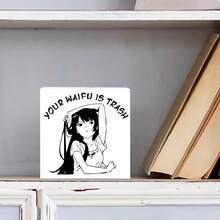 Decorative Wooden Box With Anime-Style Girl Illustration - 'YOUR WAIFU IS TRASH' Text On White Rectangular Case, Minimalistic Design With Subtle Shadow, Perfect For Anime Fans And Unique Storage - White - View 2