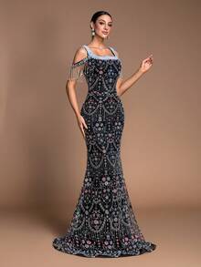 GIFORU 2026 奢华珍珠刺绣美人鱼晚礼服 - 精致手工缝制珍珠方领长款连衣裙，撞色网纱鱼尾裙摆，优雅正式礼服，适合毕业舞会、婚礼宾客、正式晚宴及春季派对等场合。 - 黑色 - 查看 6