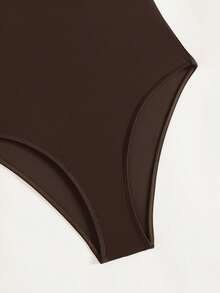 1pc Elegant Solid Color Knit Fabric Swimsuit, Suitable For Beach Vacation All Year Round Summer - Brown - View 6