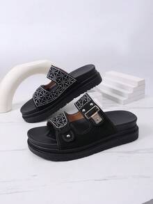 1 par de sandalias abiertas de mujer con suela gruesa brillante, hebilla de metal texturizada con rhinestones, cómodas y versátiles, adecuadas para el verano - Negro - Ver 7