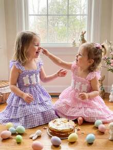 Toddler Baby Girl Easter Dress Smocked Flutter Sleeve Square Neck Rabbit Embroidery Plaid Tiered Birthday Party Dress Summer Clothes - Màu tím - Xem 7