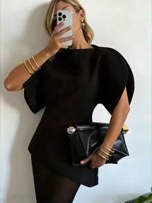 2026 春季新款女装时尚不对称泡泡袖短款修身圆领后拉链上衣，新款街头风黑色夏季上衣 - 黑色 - 查看 5