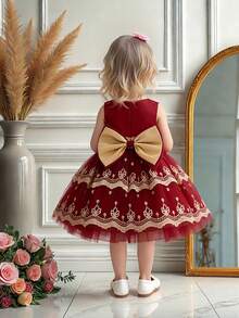 Girls' Satin Bow Back Puff Skirt Dress, Cute & Elegant Dress Suitable For School, Comes With Headband - Burgundy - View 4