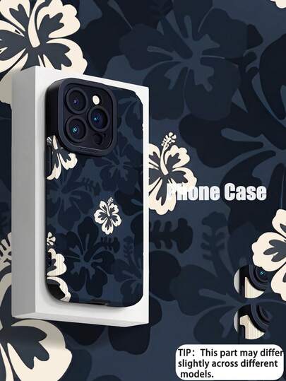 1个时尚简约蓝色背景白色花卉竖条纹仿皮纹理防震高端软壳手机壳，适合作为生日、节日礼物送给朋友、家人、情侣，适用于 17/17 Air/17 Pro/17 Pro Max、16/16 Plus/16 Pro/16 Pro Max、15/15 Plus/15 Pro