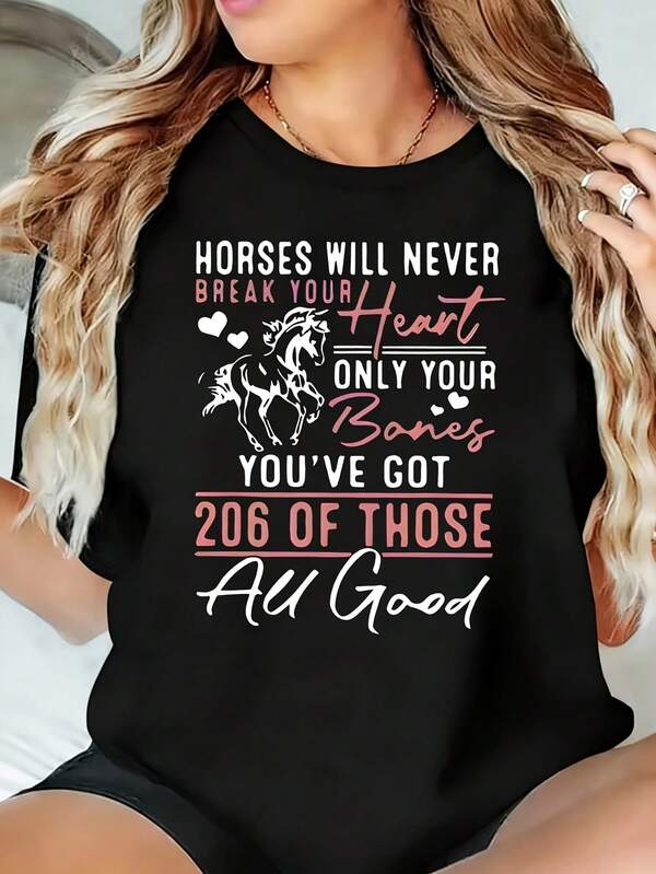 Horses Won't Break Your Heart, You Have 206 Bones Printed Women's Plus Size T-Shirt 1 Pcs Oversized Graphic Short Sleeve Tee Novelty 100% Polyester Shirt Casual Crew Neck Top 220g