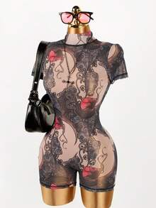 Women's Sexy Mesh Sheer Printed Backless Jumpsuit, Summer - Pink - View 3