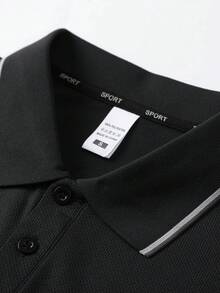 1pc Men's Black Polo Shirt With Contrast Collar, Knit Breathable Fabric, Business Casual Style Suitable For Office, Golf, Weekend - Black - View 5