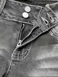 Pantalones vaqueros acampanados de corte bota para mujer, con detalle deshilachado y costuras blancas, de cintura media - Gris - Ver 4