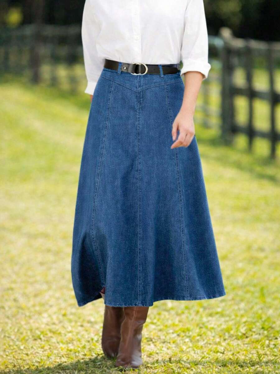 Plus Size Women Elastic Denim Skirt, Dark Blue Wash